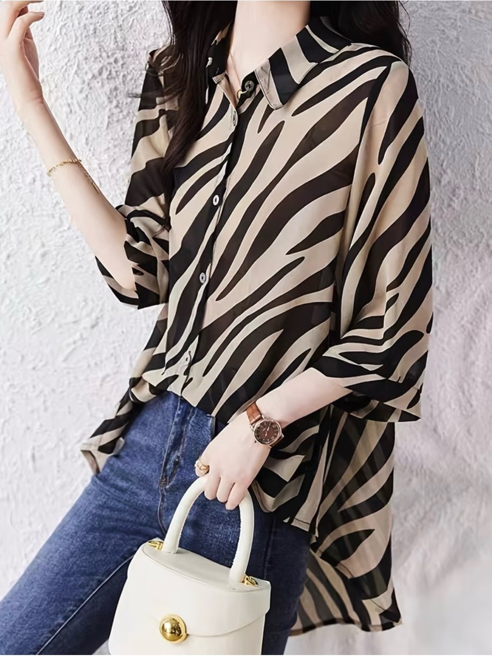 Zebra-Print Beige and Black Button-Down Shirt